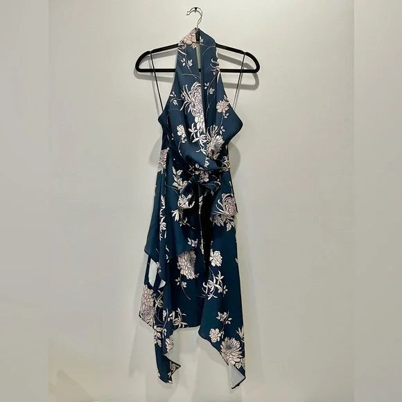 Keepsake The Label Asymmetrical Floral Blue Satin Halter Midi Cocktail Dress M - Picture 5 of 10